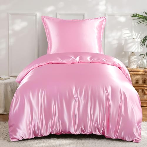 RUIKASI Satin sängkläder 135 x 200 rosa – silkeslent lyxigt påslakan med glans som sidensängkläder set för hår och hud, glänsande sängkläder 135 x 200 cm med dragkedja och örngott 80 x 80 cm