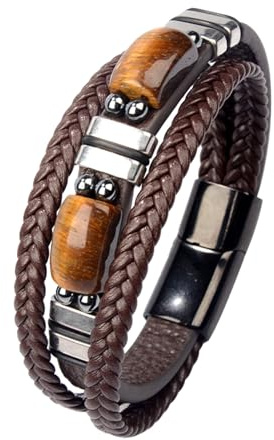 JENCVNL Mens Leather Bracelet, Tiger Eye Multi-Layer Leather Woven Bracelet, Multi-Layer Rope Leathere Bracelets, Braided Tiger Eye Bracelets with Magnet Clasp Gifts for Men Boys (Coffee, 21)