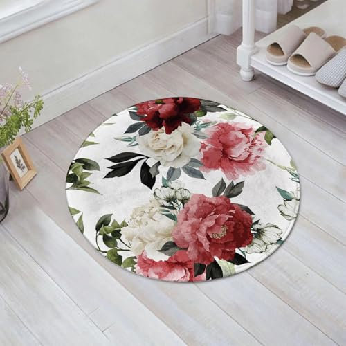FSDGY Badvorleger Fußmatte Flauschig Teppich Badezimmerteppich Duschmatte für Bade & Wohnzimmer Schlafzimmer,Shabby Chic, Landhausstil, Blumen, Rosen, Aquarellbild, Creme, Dunkelkoralle, Ka,60x60 cm