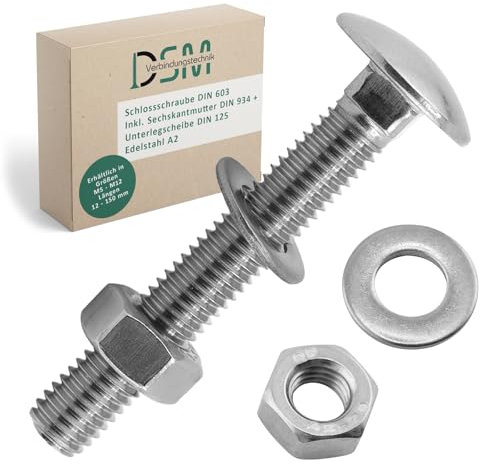 DSM – Tornillos M5 x 65 mm según DIN 603 – Incluye tuerca hexagonal M5 DIN 934 y arandela DIN 125 – Acero inoxidable A2/V2A – Tornillos de cabeza redonda plana con cuello cuadrado – 50 unidades