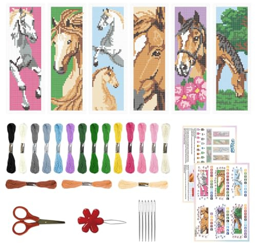 ORIGACH Kit de 6 marque-pages au point de croix Motif cheval | avec instructions pour débutants - Kit de bricolage imprimé au point de croix pour les amateurs de
