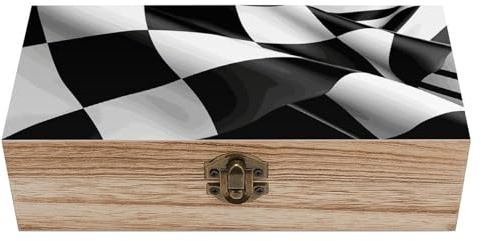 Anceky Caja de madera con tapa abatible y cierre frontal, diseño de banderas a cuadros blancas y negras, estilo rústico vintage, para guardar joyas, recuerdos, manualidades y decoración del hogar.