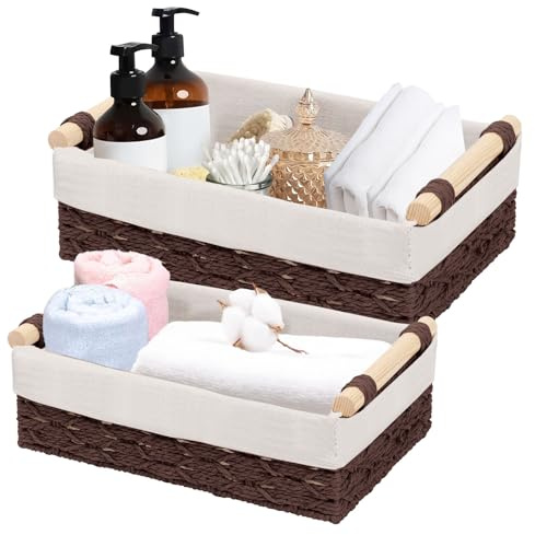 mumisuto 2 Pezzi Cestini Portaoggetti in Vimini, Cestini Vimini da Scaffale, Cestini Portaoggetti con Manici in Legno, Decorazione Scatole da Bagno, Organizer Cucina Camera da Letto (Marrone)