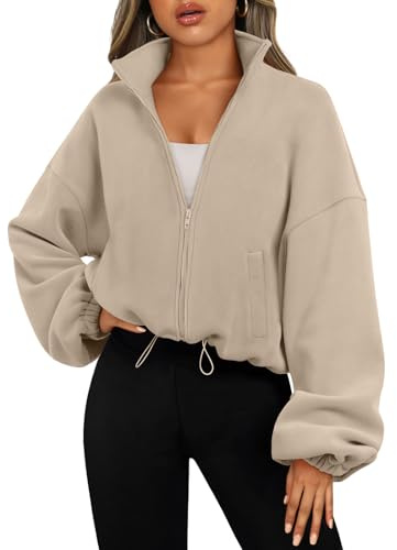 AUTOMET Womens Fleece Jackets Zip Up Oversized Sweatshirts Winter Clothes Long Sleeve Crop Sherpa Fall Outfits Fashion Khaki XS