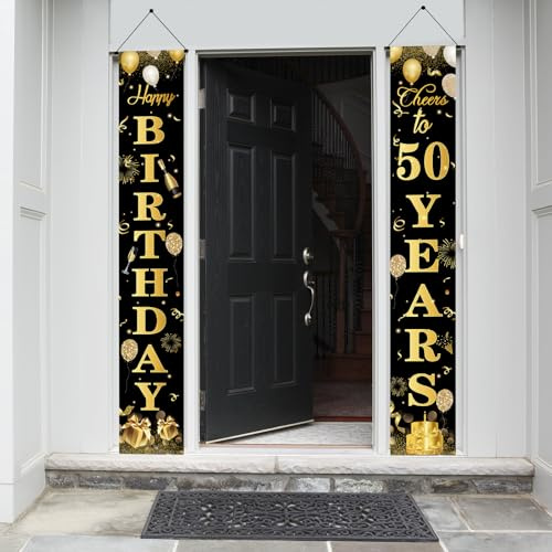 50 Ans Bannière de Porte Joyeux Anniversaire, 2 pièces 180 x 30cm Décorations de Porte Or Noir, Décoration de porte pour homme et femme