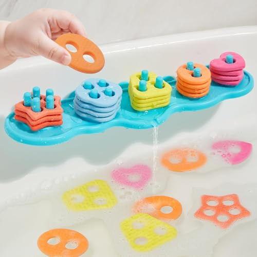Bath Toys for 3 4 5 6 Year Olds - Baby Bath Toys Mould Free Silicone Color and Shape Sorter Bathtub Toys with 20 Textured Floating Pieces and Mesh Bag Early Learning Sensory Toys for Boys Girls