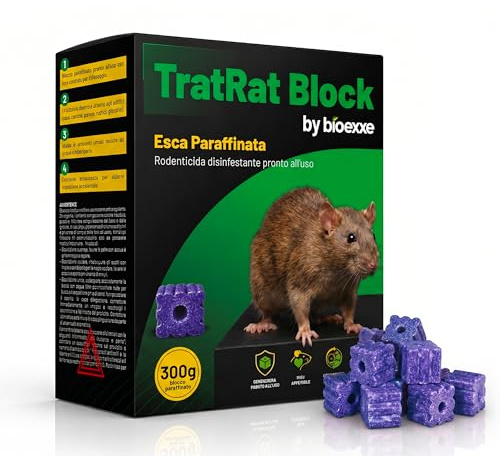 bioexxe Veleno per Topi Professionale Potente Topicida Ratticida in Blocchi Paraffinati per Casa e Giardino - Uso Interno ed Esterno - Esca Attrattiva Aroma Alimentare 300 g - Made in Italy