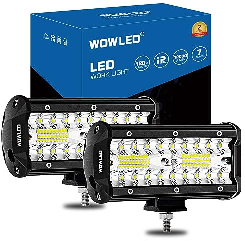 WOWLED 2 Pack 7 LED Bar, 12V 12000LM Offroad Driving Lights Work Lamp IP67 Waterproof Combo Beam Lights for Car, Boat, Camp, Truck 4x4