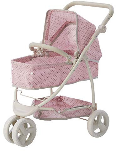 Olivia's Little World Pink Polka Dot Dolls Pram Stroller Pushchair For Baby Dolls Toy Pram With Multiposition Seat & Storage UK-OL-00009