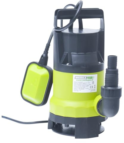 WERKA PRO Pompe immergée polyvalente 400W pour drainage, transvasement et remplissage de réservoirs, débit maximal 8000 l/h, refoulement jusqu'à 5m, 10m de câble, vert et noir.