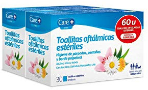Care+, Toallitas Oftálmicas Estériles, Higiene de Párpados, Pestañas y Borde Palpebral, Con Aloe Vera, Caléndula, Manzanilla y Lirio, 60 Toallitas