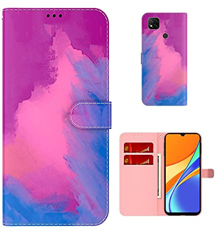 VQWQ Cover Compatible with Xiaomi Redmi 9C Custodia Pelle - Dipinto Colorato Case Folio con Porta Carte Portafoglio Magnetica Flip Wallet Case Xiaomi Redmi 9C [Acquerello] - Fucsia