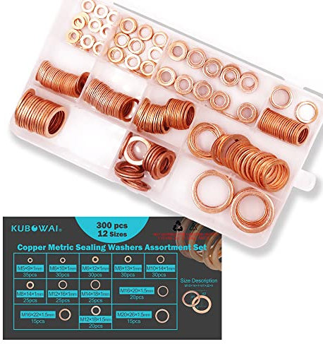 KUBOWAI 300 teiliges M5-M20 Kupferdichtungs sortiment, Dichtring Ölablaßschraube, Ablaufdichtung,Öl Kupfer Dichtung mit Aufbewahrungsbox (12 Größen)