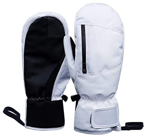 Bseical Ski Mittens Women Waterproof, Golf Mitts Men, Gloves Ladies, Thermal Touch Screen, Cotton Winter Touchscreen Unisex With Zip Pocket Sport Cycling Mtb Running Extra Warm (M, White)