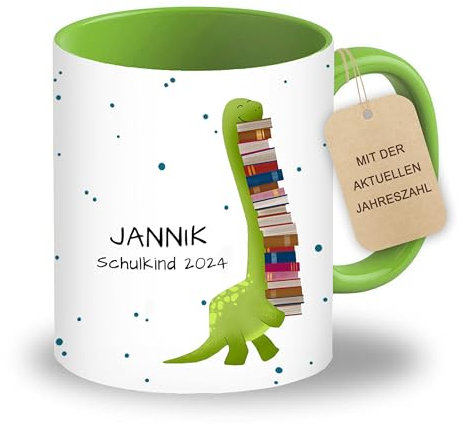 LOOXIS Personalisierte Tasse für Kinder mit Namen, Text & Motiv bedruckt – 325ml, Keramik, versch. Farben – Geschenkidee Jungen, Mädchen, Einschulung, Kindergarten – Grün, Bücherdino