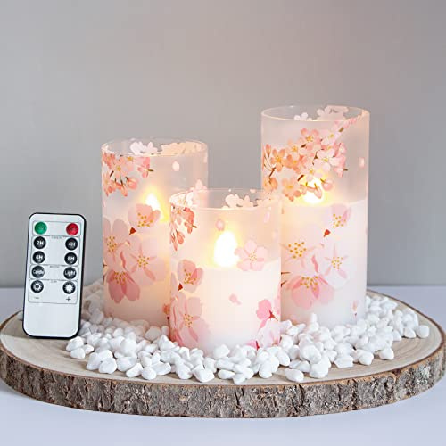Mavandes Velas LED de cristal sin efecto llama con mando a distancia y temporizador,Funcionan con pilas Set de 3 velas eléctricas de mecha realista,7.5x 10 12.5 15cm,Cerezos en flor