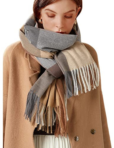 Bakicey Damen Schal XXL Warm Weich Strickschal Karo Winterschal Herbstschal Wolleschal Frauen Deckenschal Halstuch Scarf Poncho Cape (Dunkles Kamel)