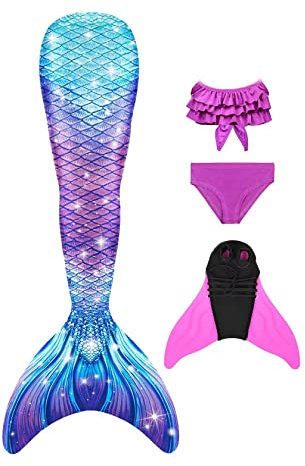 NAITOKE meerjungfrauenflosse mädchen Badeanzug - Meerjungfrau Flosse Bademode mit Bikini Set und Monoflosse Mermaid Tail, 4 Stück Set