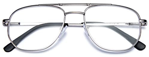 VEVESMUNDO Blue Light Blocking Reading Glasses Pilot Style Metal Frame Large Rectangle Fashion Readers Glasses for Men Women (Silver, +2.0)