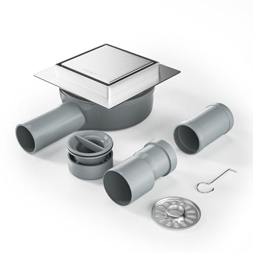 Bernkot Canaleta de ducha cuadrada 10 x 10 cm, sifón de 360° con filtro antiolores y filtro para el pelo, 2 en 1, alicatado de acero inoxidable, desagüe de suelo, desagüe de ducha muy plano, DN50 DN40