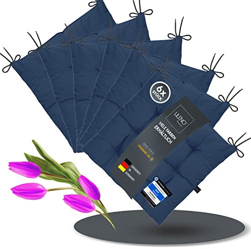 LILENO HOME 6er Set Stuhlkissen 19 Dunkelblau (40x40x6 cm) - Sitzkissen für Garten, Küche oder Esszimmer - UV-beständige Indoor u. Outdoor Stuhlauflage als Stuhl-Kissen (Linda FUM)