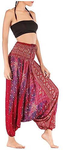 Damen Haremshose Goa Hose Yoga Hose Pluderhose Aladinhose mit Tiefem Schritt Muckhose Freizeithose Pumphose Jumpsuit Hohe Taille Elastischer Bund Cool Two Way to Wear - Pfauenfeder Muster Bordeaux