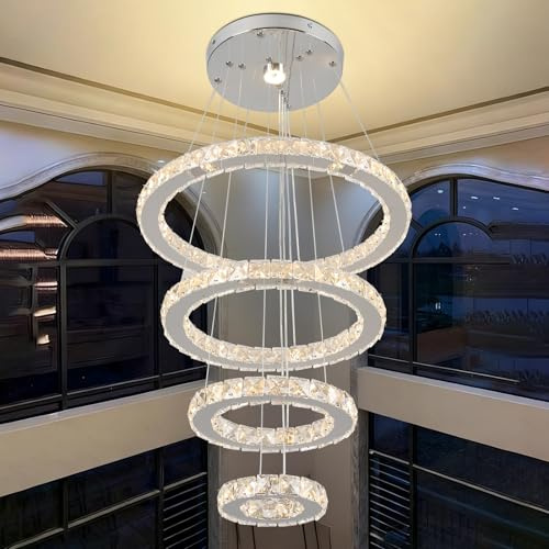 Finktonglan Lampadario a sospensione LED in cristallo – 4 anelli regolabili in acciaio inox, luce bianco caldo per sala da pranzo, soggiorno e camera da letto