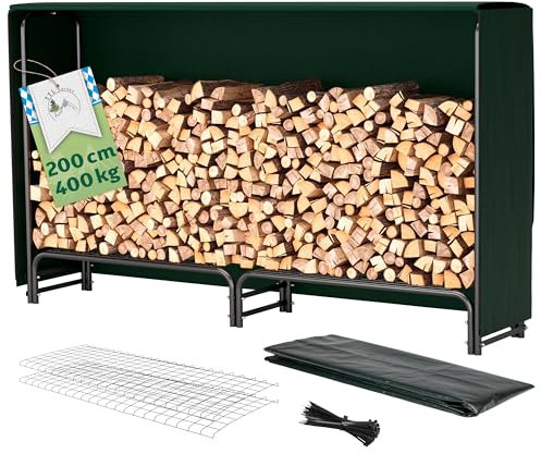 TTL Commerce Garden - Estantería para leña 200 x 36 x 116cm, para exterior e interior, hasta 400 kg, lona de protección resistente a la intemperie, marco de tubos de metal de acero, soporte de madera