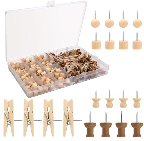 Pinnadeln Holz 200 Stück, Reißzwecken Holzkopf Pinnwandnadeln mit Aufbewahrungsbox Clip Reißnägel für Pinnwand Korkplatte Büro Schule Zuhause