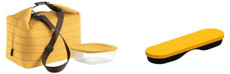 Guzzini Borsa Termica Grande con Tracolla On The Go, Ocra, Borsa 30 x 18 x h30 cm & On The Go Posate da Viaggio, Spalvieri & Del Ciotto, 19 x 5.5 x h2 cm, Giallo