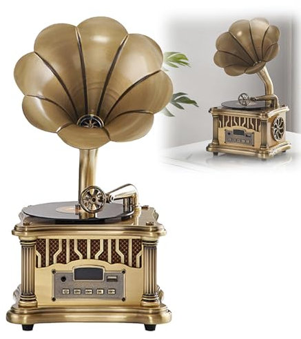 MTTXY Vintage Gramophone with Remote Control, Type C Rechargeable Nostalgic Vintage Gramophone Wireless Bluetooth 5.0 Speaker with FM Radio for Hotels, Clubs, Bars, Yoga Studios,Bronze
