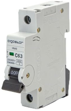 Disjoncteur automatique miniature 1P, 63 A, courbe C, couleur grise, idéal pour protéger les circuits électriques contre les surcharges et les courts-circuits avec un design compact et fonctionnel.