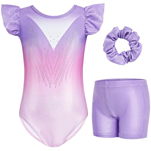 Gogokids Ensemble de Gymnastique à Manches Volantées pour Filles, 3 Pièces Justaucorps de Gymnastique pour Enfants avec Design à Paillettes Dégradées, Costumes de Gymnastique pour 8-9 Ans
