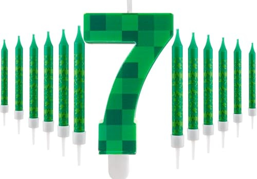 FuncANDLE Pixel 7 födelsedagsljus set, 3,74 tum pixlar 7 nummer med 12 st grönt ett stearinljus, dekoration pojkar och flickor tecknade spelteman födelsedagsfest