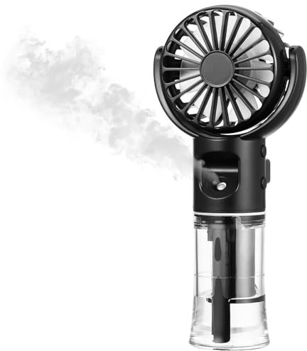 Portatil Ventilador Pequeño de Mano Spray con Niebla de Agua, USB Mini Ventiladors de Mano 4 Velocidades, Se Puede Colgar el Cuello Ventilador Manos Potente Oficina al Aire Libre de Vacacione Negro