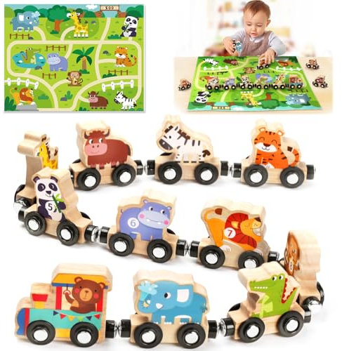 Toys for 1 2 3 Year Old Boys Girls, Montessori Toys Magnetic Wooden Train Set Gifts for 2-3-4 Year Old Boy Girl Educational Toddler Toy Birthday Presents Age 1+ Kids Animal Farm Games with Track Mat
