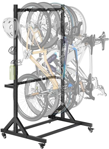 monTEK Soporte Bicicletas con Rueda, Soporte de Suelo Independiente para 5 Bicicletas + 6 Cascos, hasta 160 kg, Altura Ajustable Colgador Vertical de Bicicleta, Sólido Portabicicletas para Garaje