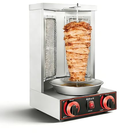 KiwiHood 3 000 W professionell gas-schawarma-grillmaskin rostfritt stål vertikal grill med 2 keramikbrännare och 360° rotation, max. 300 °C för restauranger, gatumat och trädgårdsfester