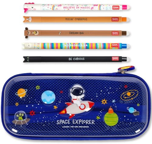 LEGAMI WonderWow Federmäppchen & radierbarer Stift | Set mit 5 niedlichen Tierstiften mit thermosensitiver Tinte + Federmäppchen mit 2 Fächern (Weltraum)
