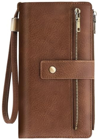 NEWIROVE Cartera Mujer Grande Monedero Piel PU Vintage Billetera con Cremallera Y Correa Extraíble RFID Carteras De Mujer con 24 Ranuras para Tarjetas Regalos para Mujer Señoras, Marrón
