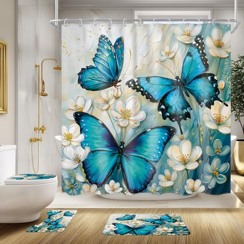 Ufeela 4 PCS Green Blue Butterfly Shower Curtain Set 72Wx72H Inch Floral Boho Watercolor Complete Bathroom Set Non-Slip Bath Rug Toilet Lid Cover and U Shape Mat Accessories 12 Hooks Bathoom Decor
