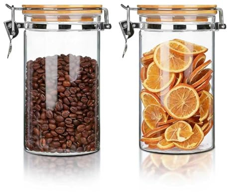 Förvaringsburkar med lock, 2 stycken förvaringsburkar av glas med låsklämma bambulock, 1 400 ml förvaringsglas med lock, lufttätt kök, glasbehållare för spannmål, kryddor, socker, choklad, förvaring