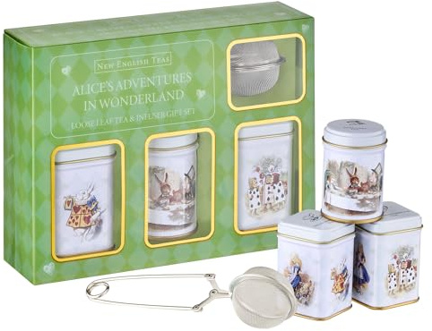 Coffret Cadeau Nouveau Thé Anglais Feuilles Libres et Infuseur – 3 Boîtes Alice au Pays des Merveilles avec Mélanges Petit Déjeuner, Earl Grey et Après-Midi avec Infuseur à Thé en Feuilles