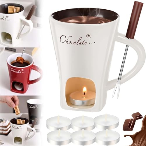 Chocolate Fondue Mug Set, Melting Chocolate Mug with 1 Forks and 6 Candle, Hot Chocolate Cup Fondue Set Gift Melt Hot Pot Bowl Cup for Cheese Chocolate Butter, for Office School Home