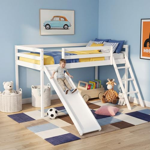 Panana Mid Sleeper with Slide,Solid Wooden Single Loft Bed Frame 3FT Cabin Bed,Space Saving (White, Stair+Slide Style)