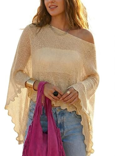 MAKABO Women's Gold Ruffle Sheer Poncho Tops Knit Pullover Boleros Summer Lightweight Shrug Sweater Cover Up Beachwear