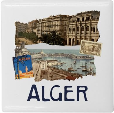 Fyrkantig keramisk kylskåpsmagnet - alger collage reseturism vykort - format 5 x 5 cm, dekorativ magnet souvenir för kylskåp och magnettavla, tryckt i Frankrike
