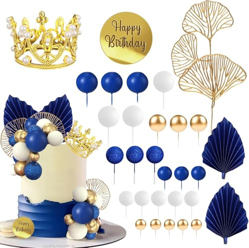 30 Pezzi Decorazioni Torta Compleanno Corona per Torta Palline Decorative per Torte Decorazioni per Torte Blu e Oro Foglie di Palma Ginkgo per Matrimoni, Feste a Tema, Lauree