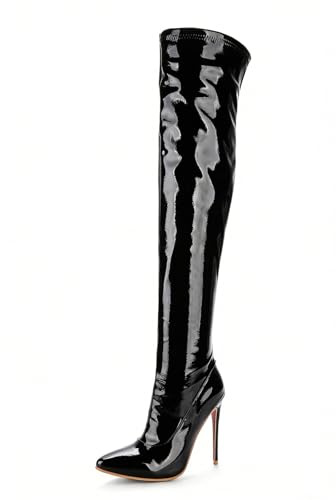 Kvinnor Stiletto Avsmalnande Toe Syntetiskt Läder Högklackade Stövlar 12 cm Dragkedja och Faux Pälsfoder för utomhusaktiviteter och Daglig användning, Svart, 38 EU