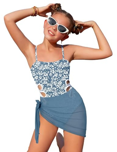 Costume da bagno da bambina con spalline regolabili, sciarpa di seta per spiaggia, piscina, benessere, vacanze estive, Blu marino, 13-14 Anni